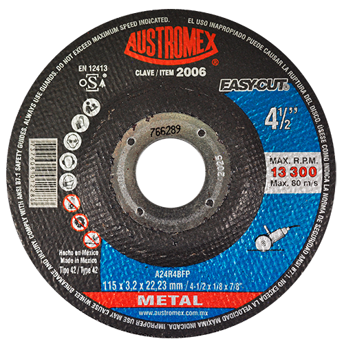 Disco de 4-1/2" x 1/8" x 7/8" con centro deprimido para corte de metal, easy-cut