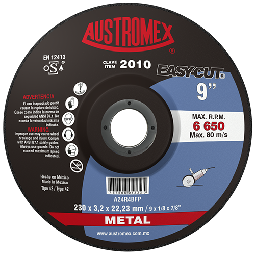 Disco de 9" x 1/8" x 7/8" con centro deprimido para corte de metal, easy-cut