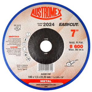 Disco de 7" x 1/16" x 7/8" con centro deprimido para corte de metal, easy-cut