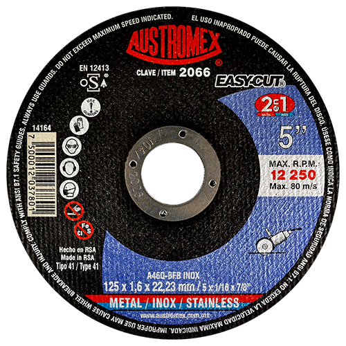 Disco de 5" x 1/16" x 7/8" para corte de metal y acero inoxidable, easy-cut