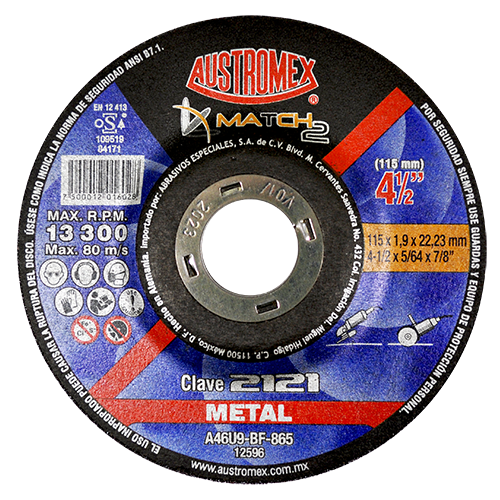 Disco de 4-1/2" x 5/64" x 7/8" con centro deprimido para desbaste y corte de metal y acero inoxidable, match 2