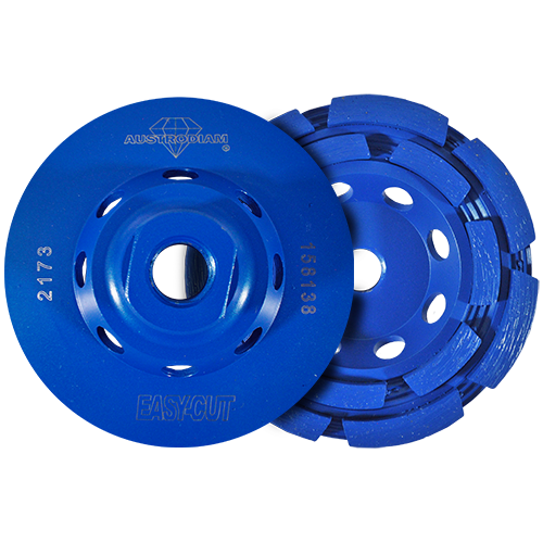 Copa de diamante segmentada de 4" con entrada 5/8"-11h, de dos hileras, azul para desbaste de piedra, easy-cut