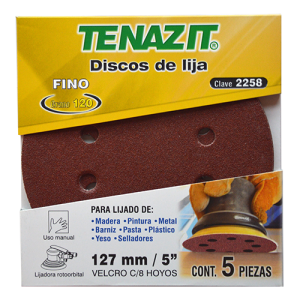 Paquete de 5 discos de lija autoadherible antiestáticos de 5" en g 120 con sistema de sujeción ultra grip y 8 orificios, tenazit premium