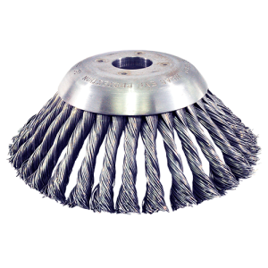 Cepillo cónico de 6" de alambre trenzado de acero al carbón calibre 0.020" con barreno de 1" para limpieza y desbrozado, magma