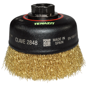 Cepillo tipo copa de 4" de alambre ondulado de acero al carbón latonado calibre 0.012" con entrada multi-rosca, magma