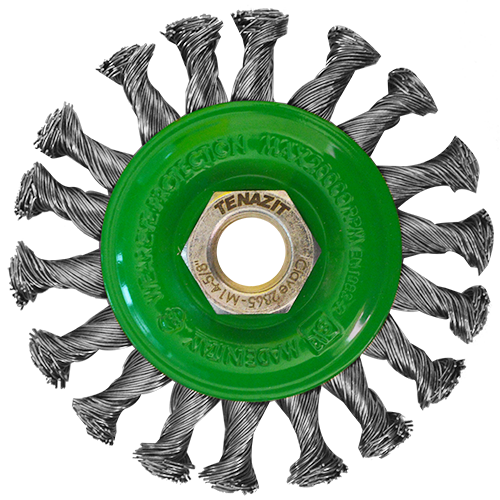 Cepillo circular de 4" de alambre trenzado de acero inoxidable calibre 0.02" con entrada multi-rosca, kreator