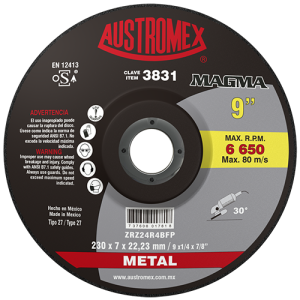 Disco de 9" x 1/4" x 7/8" con centro deprimido para desbaste de metal, magma