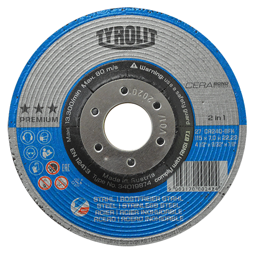 Disco de 4-1/2" x 9/32" x 7/8" con centro deprimido y confort start para desbaste de metal y acero inoxidable, tyrolit cerabond