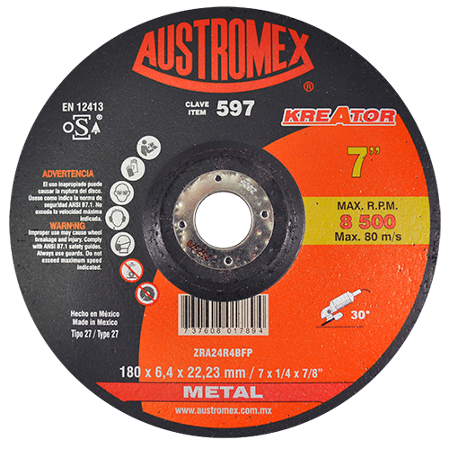Disco de 7" x 1/4" x 7/8" con centro deprimido para desbaste de metal, kreator