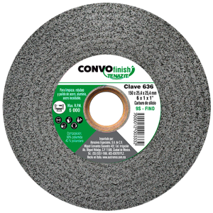 Rueda convo de 6" x 1" x 1" en densidad 9 de carburo de silicio en grano fino para rebabeo, limpieza y pulido de metal