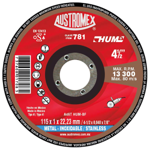 Disco de 4-1/2" x 0.04" x 7/8" para corte preciso de acero inoxidable, hum