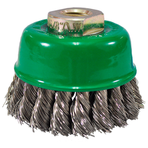 Cepillo tipo copa de 3" de alambre trenzado de acero inoxidable calibre 0.012" con entrada multi-rosca, magma