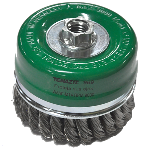 Cepillo tipo copa de 4" de alambre trenzado de acero inoxidable calibre 0.02" con entrada multi-rosca, magma