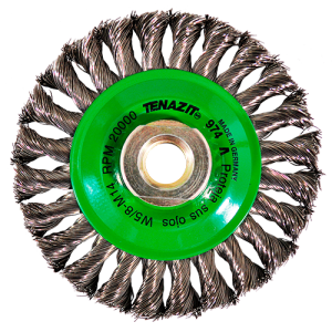 Cepillo circular de 4" de alambre trenzado de acero inoxidable calibre 0.014" con entrada multi-rosca, magma