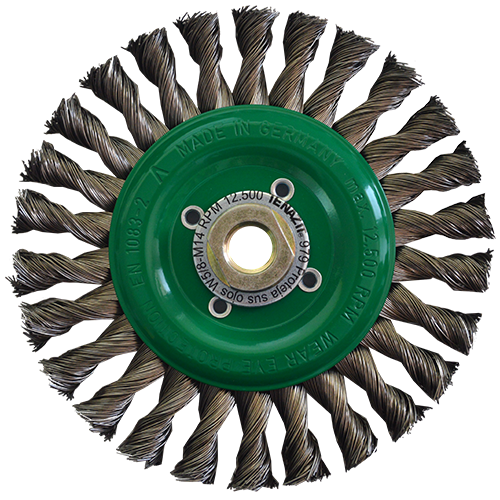 Cepillo circular de 6" de alambre trenzado de acero inoxidable calibre 0.020" con entrada multi-rosca, magma