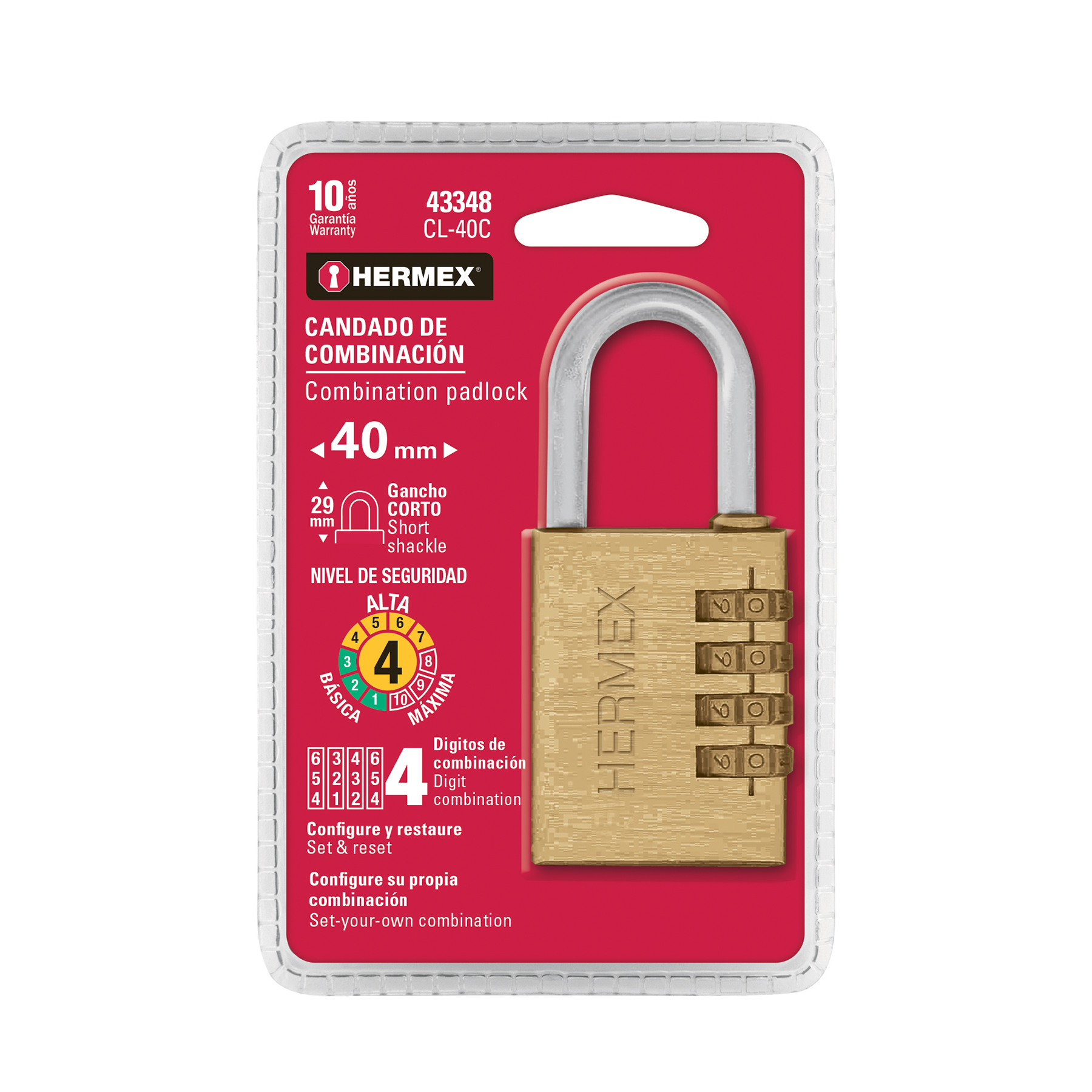 Candado de combinación 40 mm cuerpo de latón en blíster