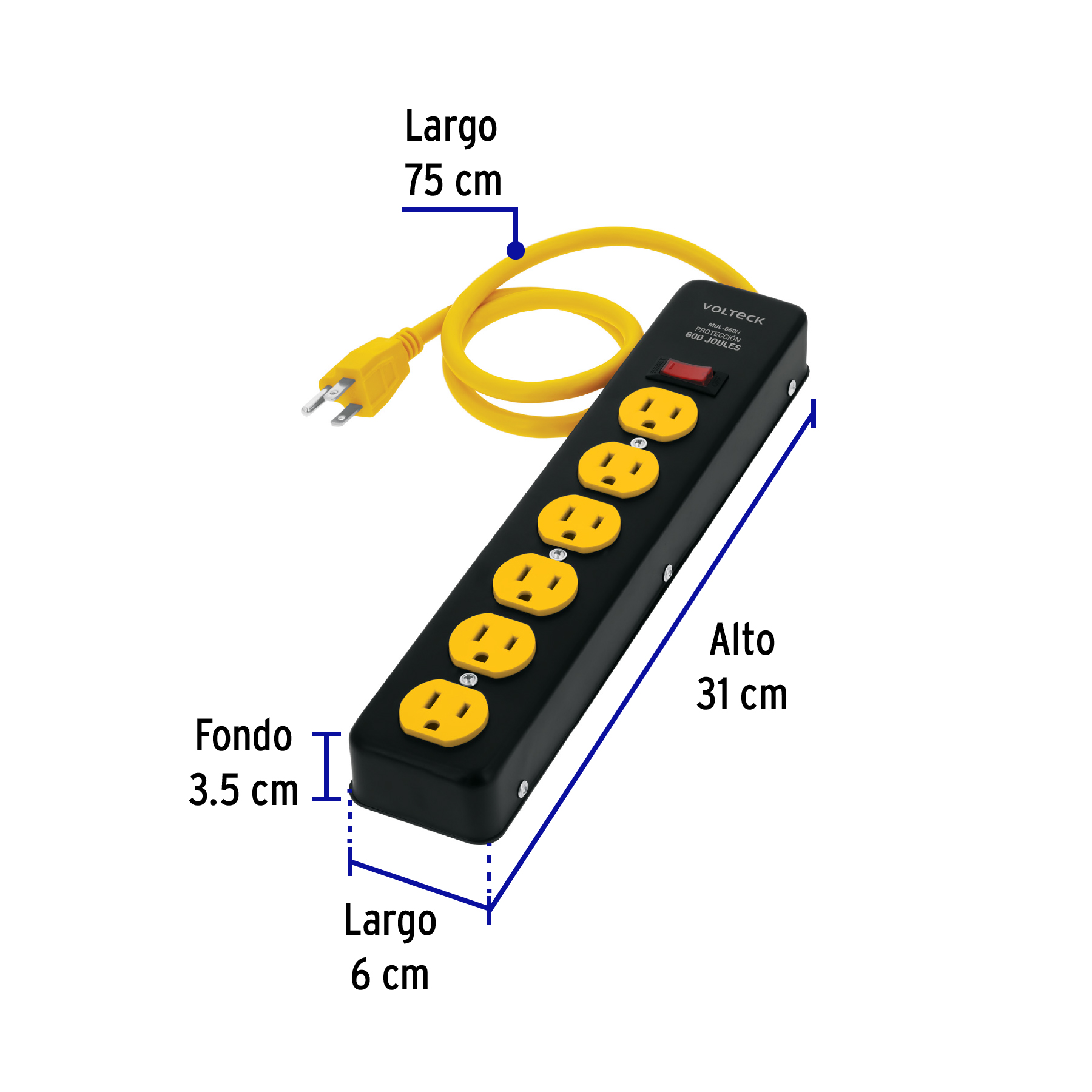 Multicontacto 14 awg, 6 entradas sup. de picos 600 j, negro