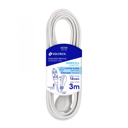 Extensión eléctrica doméstica 3 m clavija plana, blanca