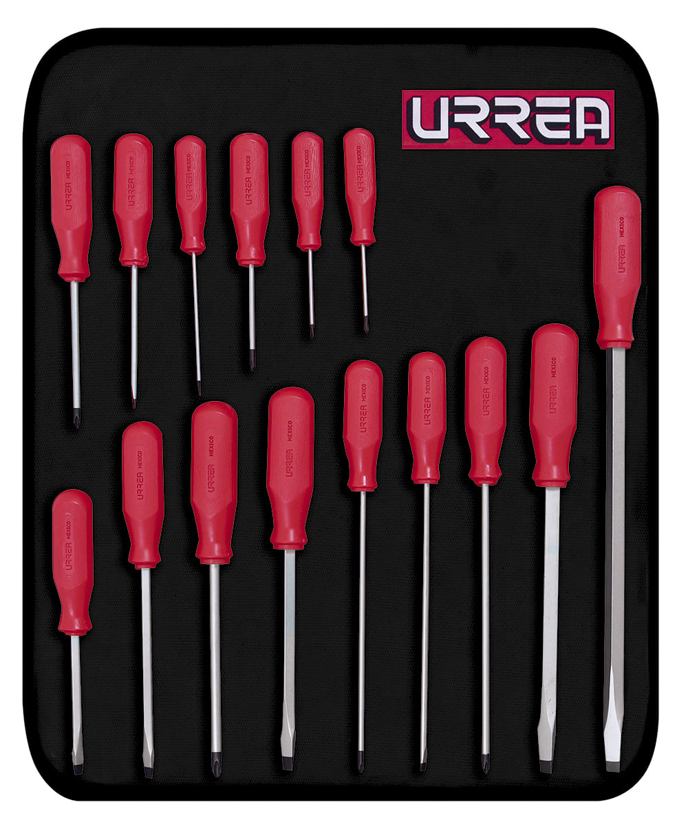 Juego de destornilladores con mango rojo, combinados, 15 piezas en estuche