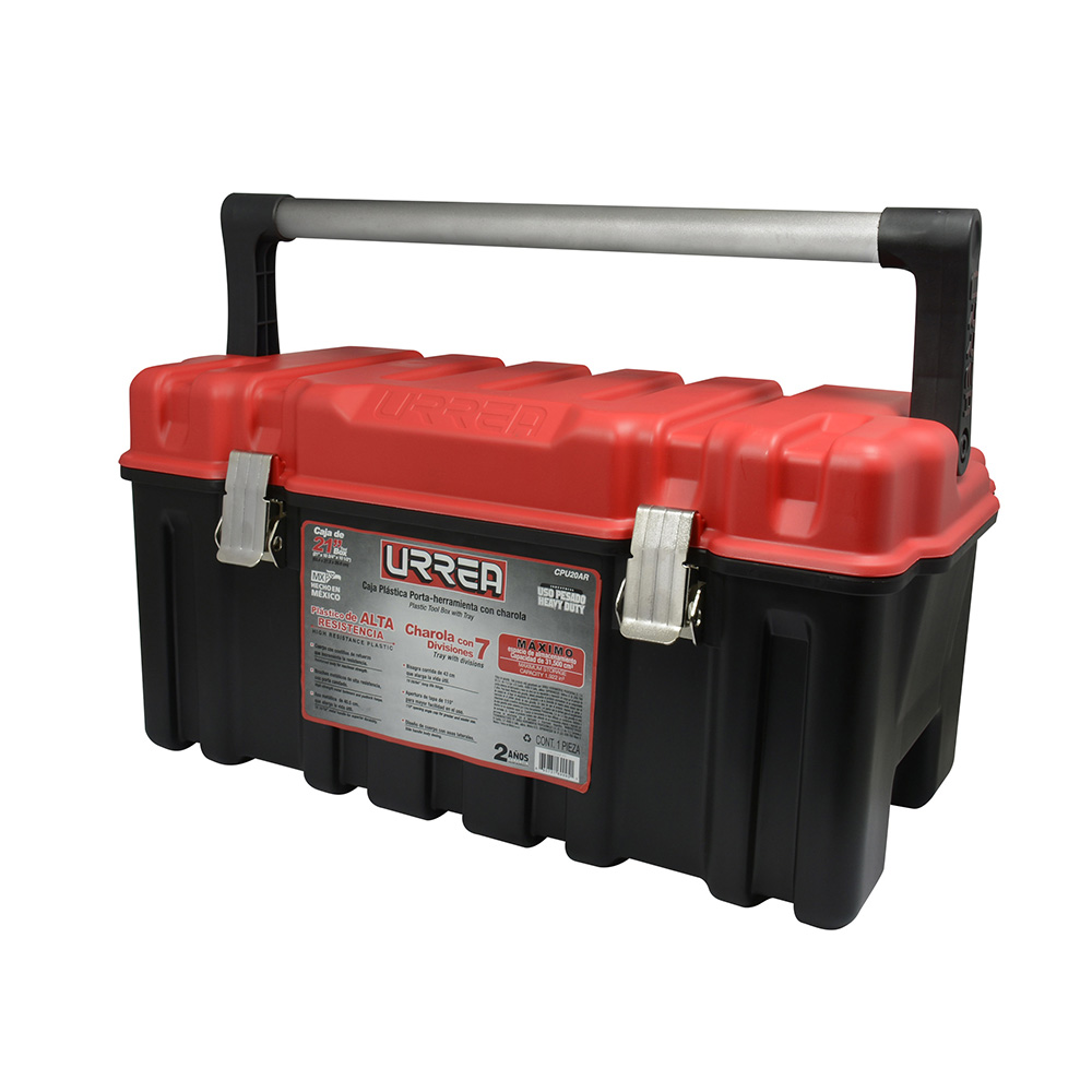 Caja portaherramientas plástica con broches metálicos color negro tapa roja 21" x 11" x 10
