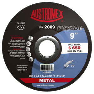 Disco de 9" x 1/4" x 7/8" con centro deprimido para desbaste de metal, easy-cut