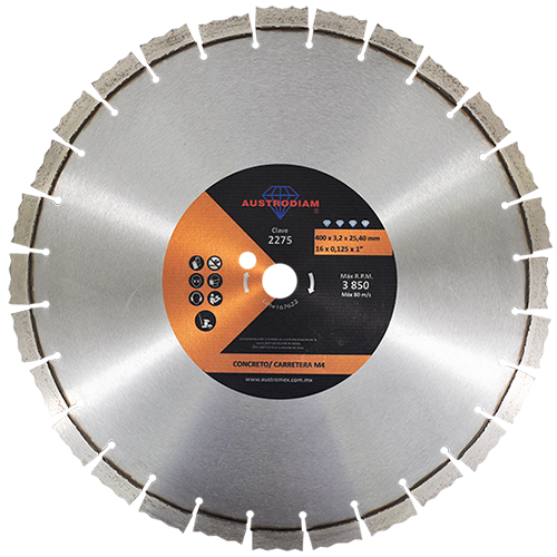 Disco de diamante segmentado de 16" naranja para corte de carreteras de concreto en zona de agregado duro