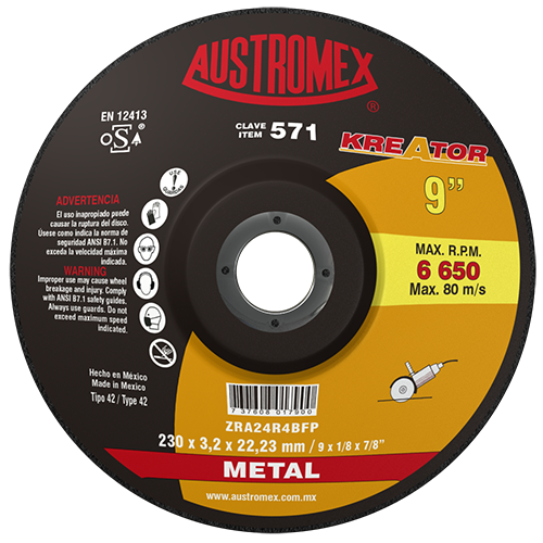 Disco de 9" x 1/8" x 7/8" con centro deprimido para corte de metal, kreator