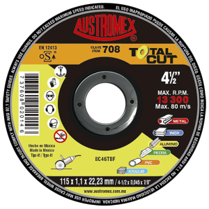 Disco de 4-1/2" x 0.045" x 7/8" para corte preciso de metal, inoxidable, metales no ferrosos, piedra y pvc , totalcut