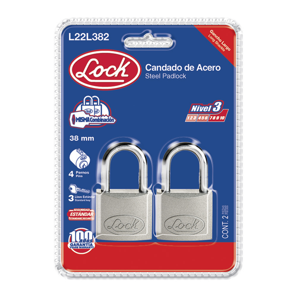 Juego de candados de acero largos 38 mm, llave estándar, 2 piezas