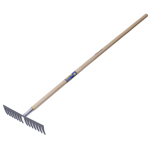 Rastrillo curvo para jardín con mango de madera 60", 14 dientes