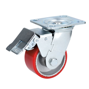 Rodaja de fierro con poliuretano rojo giratoria con freno 4"