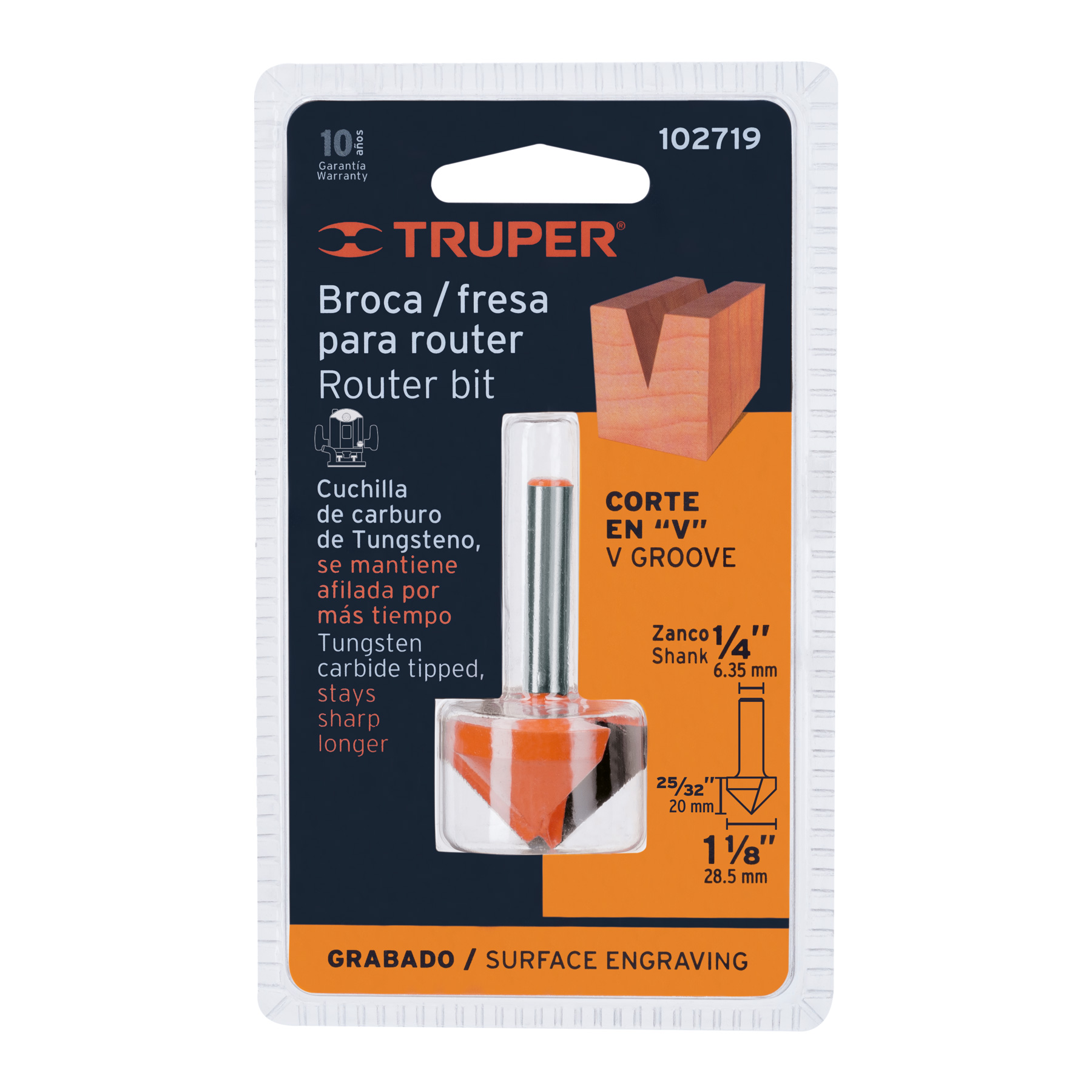 Broca para router, corte en 'v', 1-1/8', truper