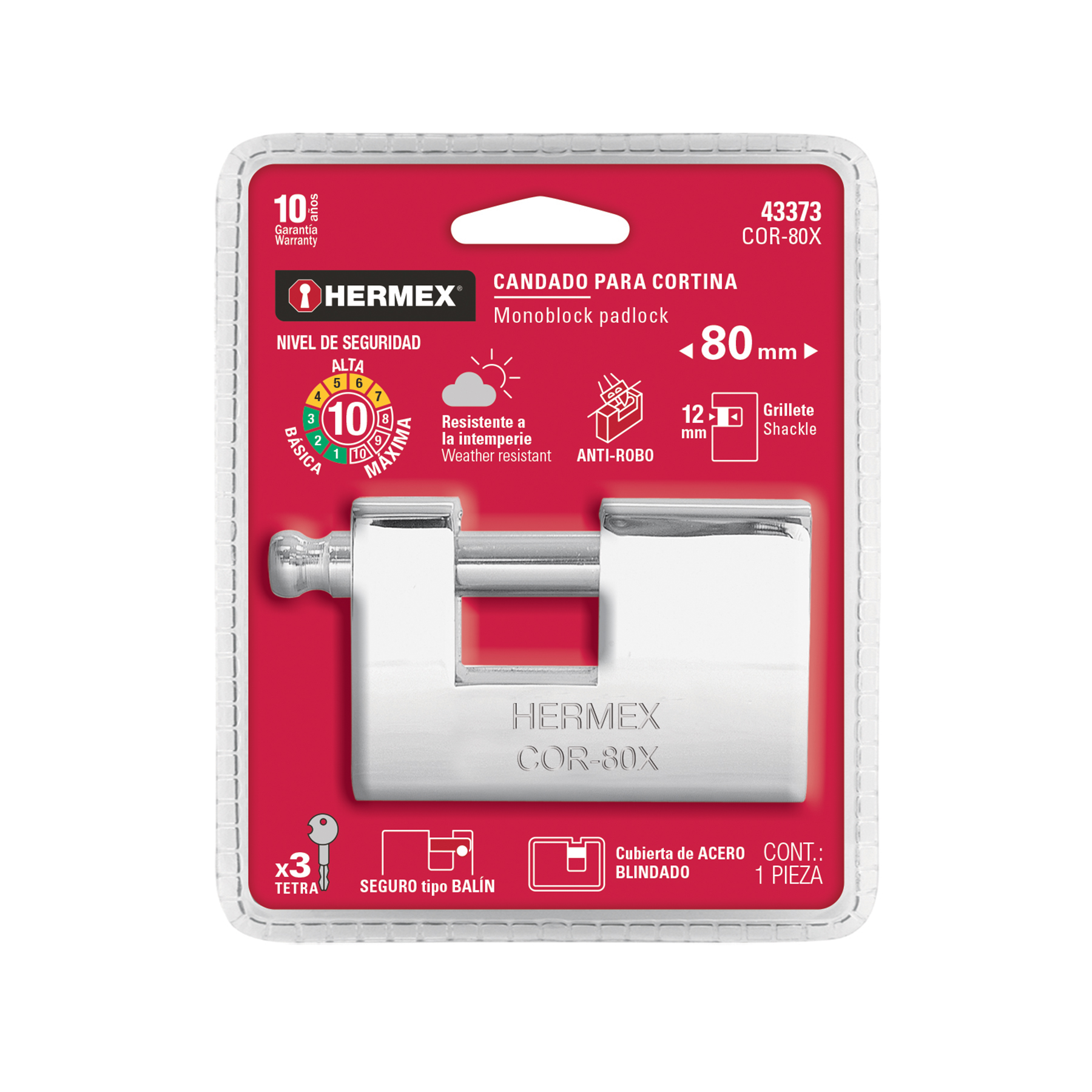 Candado antipalanca, 80mm, blindado, llave tetra, hermex