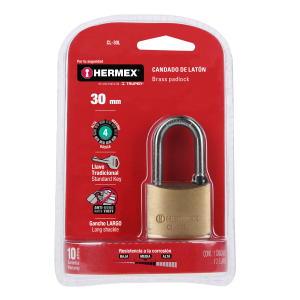 Candado de latón 30 mm gancho largo en blíster, hermex
